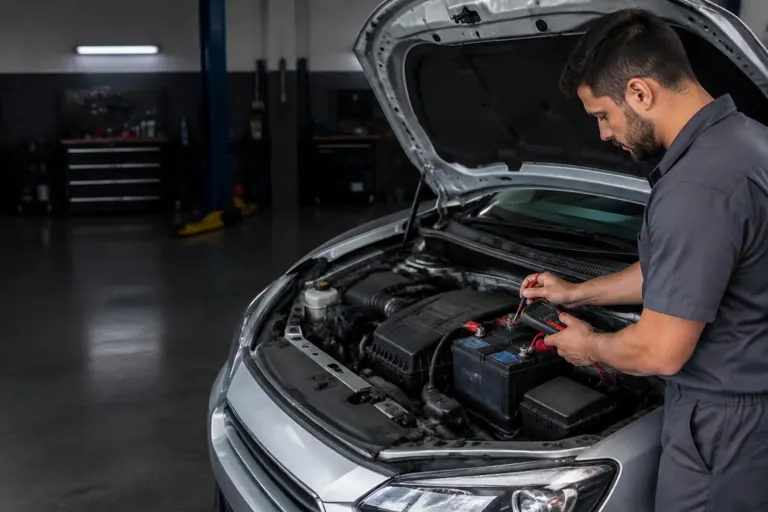 Imagem ilustrativa de técnico testando bateria de automóvel