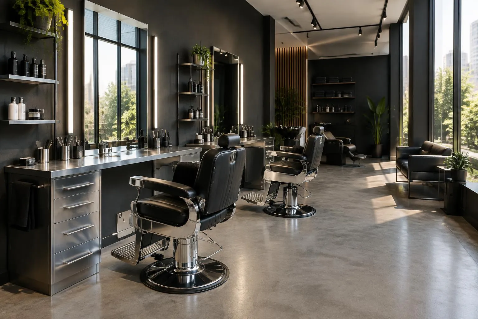 Interior ilustrativo de barbearia com cadeiras de couro e espelhos