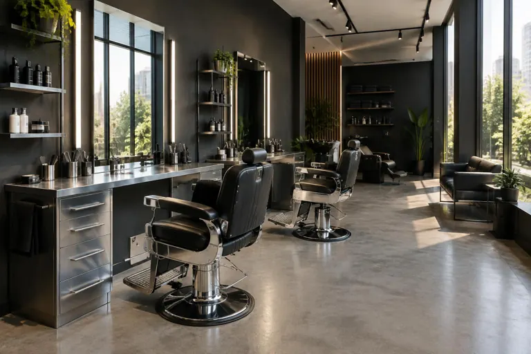 Interior ilustrativo de barbearia com cadeiras de couro e espelhos