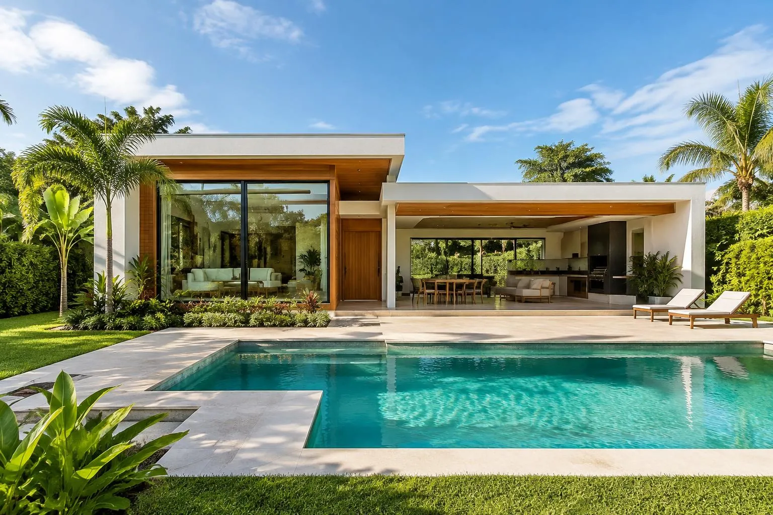 Casa ilustrativa com piscina e jardim tropical