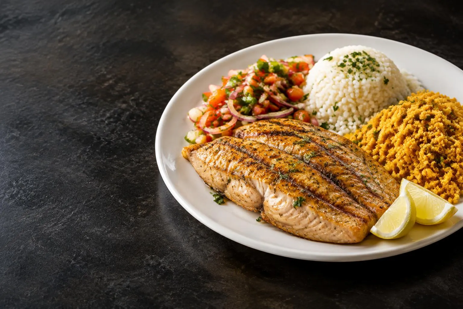 Prato ilustrativo de peixe grelhado com arroz e farofa